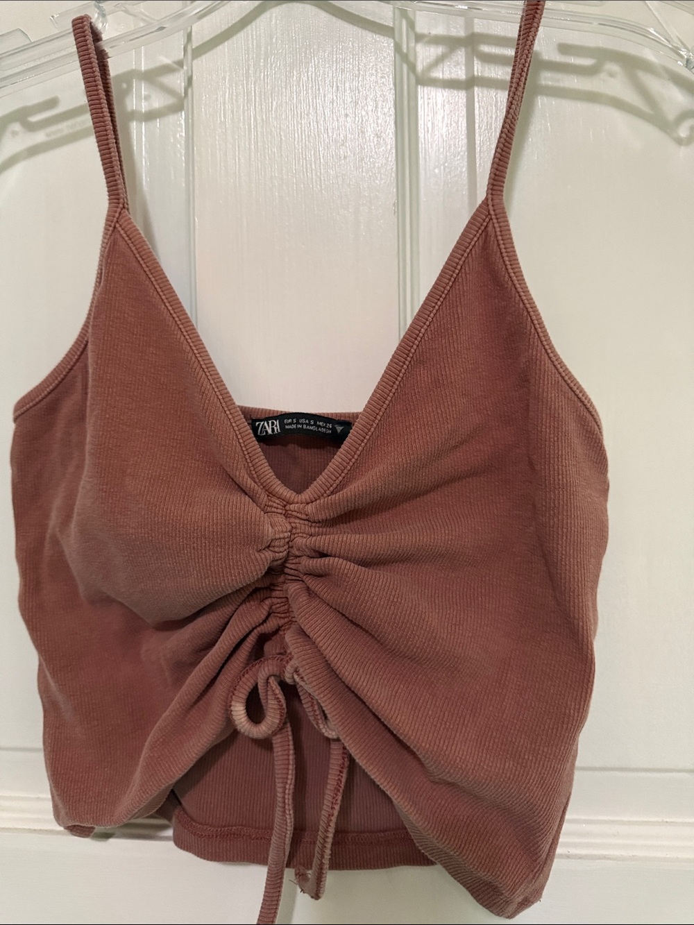 Zara Festival Ruched Ribbed Drawstring Crop Top Brown